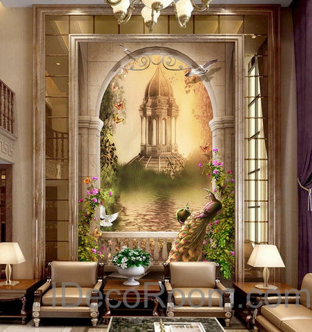 Image of 3D Garden Peacock Pergola Wall paper Princess Pink Wallpaper Wall Decals Wall Art Print Mural Home Decor Indoor Bussiness Office Deco