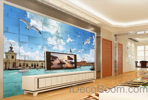 Image of 3D Seagull River Venezsia View Wallpaper Wall Decals Wall Art Print Mural Home Decor Indoor Bussiness Office Deco
