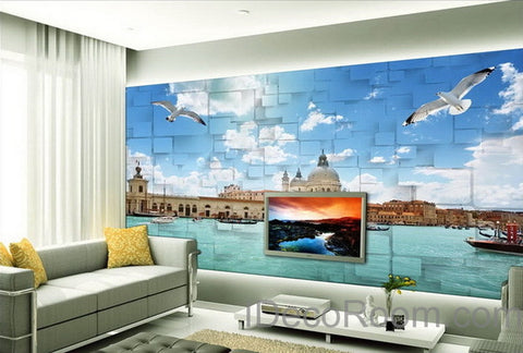 Image of 3D Seagull River Venezsia View Wallpaper Wall Decals Wall Art Print Mural Home Decor Indoor Bussiness Office Deco