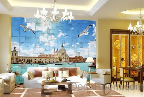 Image of 3D Seagull River Venezsia View Wallpaper Wall Decals Wall Art Print Mural Home Decor Indoor Bussiness Office Deco