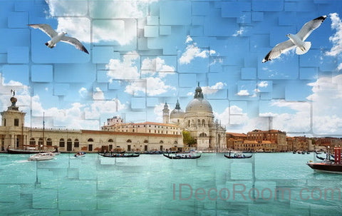 Image of 3D Seagull River Venezsia View Wallpaper Wall Decals Wall Art Print Mural Home Decor Indoor Bussiness Office Deco