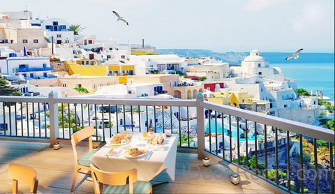 Image of 3D Balcony Ocean Veiw Wall paper Wallpaper Wall Decals Wall Art Print Mural Home Decor Indoor Bussiness Office Deco