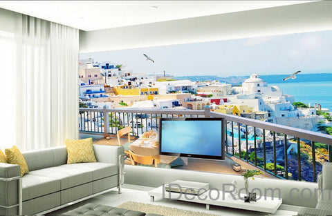 Image of 3D Balcony Ocean Veiw Wall paper Wallpaper Wall Decals Wall Art Print Mural Home Decor Indoor Bussiness Office Deco