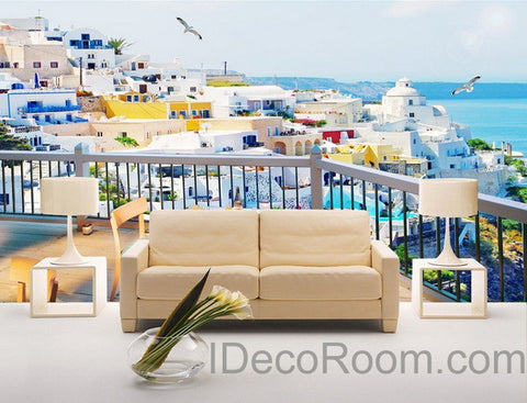 Image of 3D Balcony Ocean Veiw Wall paper Wallpaper Wall Decals Wall Art Print Mural Home Decor Indoor Bussiness Office Deco