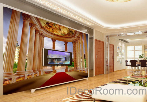 Image of 3D Pillar Red Carpet Bridge Veiw Wall paper Wallpaper Wall Decals Wall Art Print Mural Home Decor Indoor Bussiness Office Deco