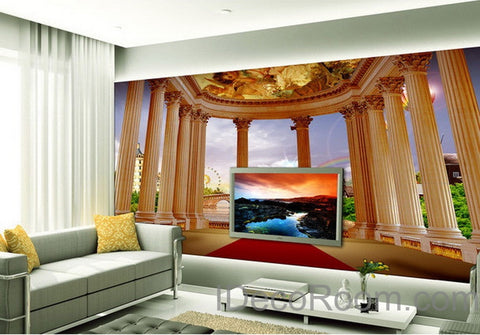 Image of 3D Pillar Red Carpet Bridge Veiw Wall paper Wallpaper Wall Decals Wall Art Print Mural Home Decor Indoor Bussiness Office Deco