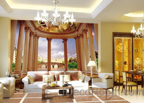 Image of 3D Pillar Red Carpet Bridge Veiw Wall paper Wallpaper Wall Decals Wall Art Print Mural Home Decor Indoor Bussiness Office Deco