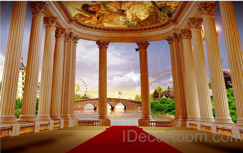 Image of 3D Pillar Red Carpet Bridge Veiw Wall paper Wallpaper Wall Decals Wall Art Print Mural Home Decor Indoor Bussiness Office Deco