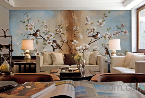 Image of Peach Blossom Birds Tree Wall Paper Wall Print Decals Home Decor Indoor Wall Mural wallpaper