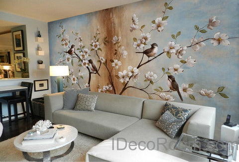 Image of Peach Blossom Birds Tree Wall Paper Wall Print Decals Home Decor Indoor Wall Mural wallpaper