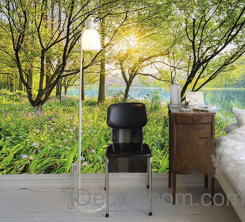 Image of 3D Riverside Trees Sunrise Wall paper Wallpaper Wall Decals Wall Art Print Mural Home Decor Indoor Bussiness Office Deco