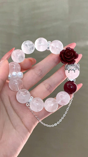 Rose Quartz Bracelet with Floral Charm QJ04