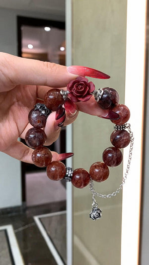 Crimson Carnelian and Rose Quartz Bracelet with Floral Rose Accent QJ11