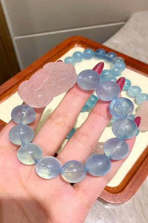 Blue Chalcedony and Rose Quartz Bracelet with Carved Charm QJ24