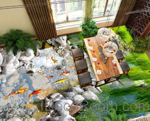 Image of 3D Fish Stone Stream Floor Decals WallPaper Murals Wall Print Sticker Kitchen Bathroom Business Home Office Decor