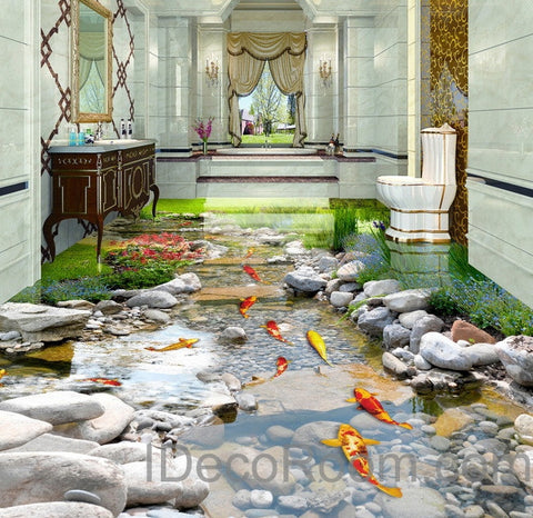 Image of 3D Fish Stone Stream Floor Decals WallPaper Murals Wall Print Sticker Kitchen Bathroom Business Home Office Decor