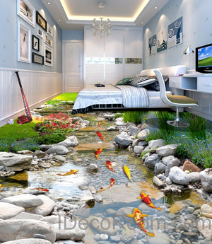 3D Fish Stone Stream Floor Decals WallPaper Murals Wall Print Sticker Kitchen Bathroom Business Home Office Decor