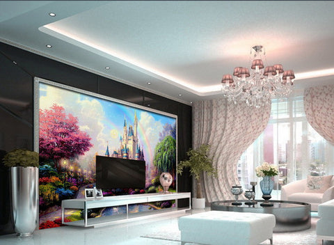 Image of Wall Paper Pink  Princess Castle Wallpaper Wall Decals Wall Art Print Mural Home Decor Indoor Bussiness Office Deco