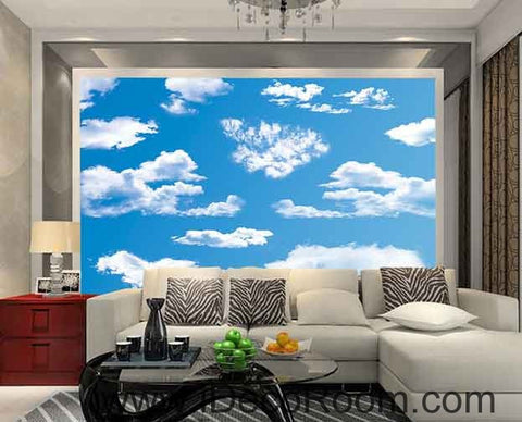 Image of Sunny Day Blue Sky White Clouds Wallpaper Wall Decals Wall Art Print Business Kids Wall Paper Nursery Mural Home Decor Removable Wall Stickers Ceiling Decal