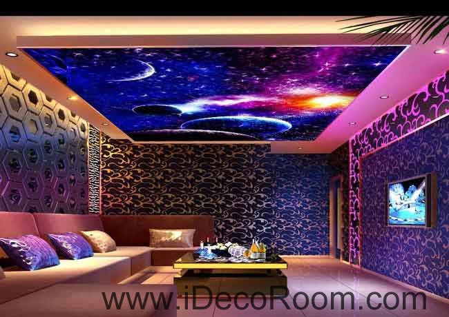Purple Blue Universe Planet Wallpaper Wall Decals Wall Art Print Business Kids Wall Paper Nursery Mural Home Decor Removable Wall Stickers Ceiling Decal