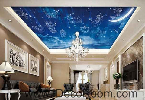 Image of Blue Sky Moon 12 Star Signs Wallpaper Wall Decals Wall Art Print Business Kids Wall Paper Nursery Mural Home Decor Removable Wall Stickers Ceiling Decal
