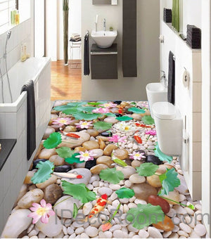 Lilypad Lotus Colorful Fish Cobble Stone Pond 00002 Floor Decals 3D Wallpaper Wall Mural Stickers Print Art Bathroom Decor Living Room Kitchen Waterproof Business Home Office Gift