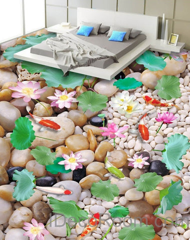 Image of Lilypad Lotus Colorful Fish Cobble Stone Pond 00002 Floor Decals 3D Wallpaper Wall Mural Stickers Print Art Bathroom Decor Living Room Kitchen Waterproof Business Home Office Gift