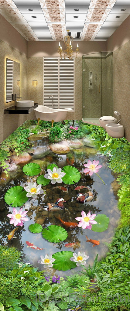 Lilypad Lotus Fish Cobble Stone Duck Pond 00003 Floor Decals 3D Wallpaper Wall Mural Stickers Print Art Bathroom Decor Living Room Kitchen Waterproof Business Home Office Gift