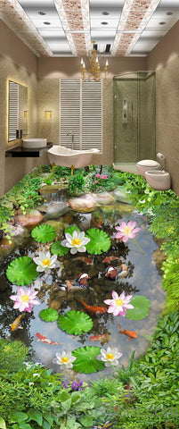 Image of Lilypad Lotus Fish Cobble Stone Duck Pond 00003 Floor Decals 3D Wallpaper Wall Mural Stickers Print Art Bathroom Decor Living Room Kitchen Waterproof Business Home Office Gift