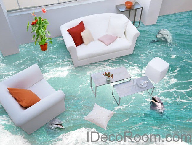 3 Dophins Play in the Water Sea Ocean 00009  Floor Decals 3D Wallpaper Wall Mural Stickers Print Art Bathroom Decor Living Room Kitchen Waterproof Business Home Office Gift