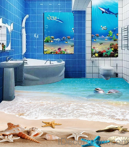 Dophin Beach Blue Star Fish Shell 00011 Floor Decals 3D Wallpaper Wall Mural Stickers Print Art Bathroom Decor Living Room Kitchen Waterproof Business Home Office Gift
