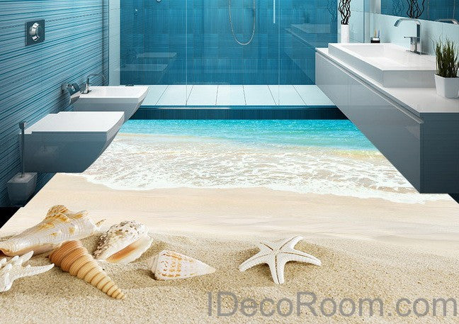 Beach Wave Sand Shells 00012 Floor Decals 3D Wallpaper Wall Mural Stickers Print Art Bathroom Decor Living Room Kitchen Waterproof Business Home Office Gift