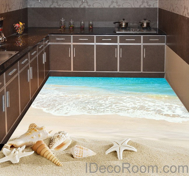 Beach Wave Sand Shells 00012 Floor Decals 3D Wallpaper Wall Mural Stickers Print Art Bathroom Decor Living Room Kitchen Waterproof Business Home Office Gift