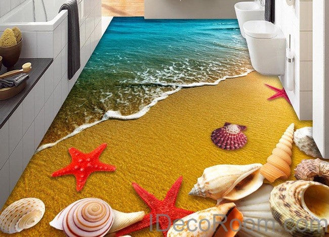 Beach Sand Star Fish Shells 00013 Floor Decals 3D Wallpaper Wall Mural Stickers Print Art Bathroom Decor Living Room Kitchen Waterproof Business Home Office Gift