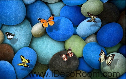 Image of Blue Butterflies Stone 00016 Floor Decals 3D Wallpaper Wall Mural Stickers Print Art Bathroom Decor Living Room Kitchen Waterproof Business Home Office Gift