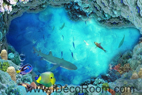 Shark Under the Sea Coral 00018 Floor Decals 3D Wallpaper Wall Mural Stickers Print Art Bathroom Decor Living Room Kitchen Waterproof Business Home Office Gift