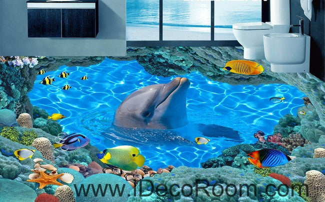 Ocean Sea Dophin Play with Fish 00023 Floor Decals 3D Wallpaper Wall Mural Stickers Print Art Bathroom Decor Living Room Kitchen Waterproof Business Home Office Gift