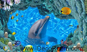 Ocean Sea Dophin Play with Fish 00023 Floor Decals 3D Wallpaper Wall Mural Stickers Print Art Bathroom Decor Living Room Kitchen Waterproof Business Home Office Gift