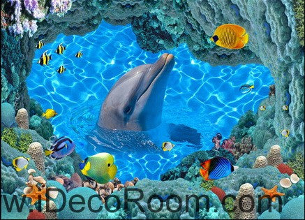 Image of Ocean Sea Dophin Play with Fish 00023 Floor Decals 3D Wallpaper Wall Mural Stickers Print Art Bathroom Decor Living Room Kitchen Waterproof Business Home Office Gift