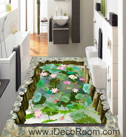 Image of Lilypad Lotus Pond Goldfish 00030 Floor Decals 3D Wallpaper Wall Mural Stickers Print Art Bathroom Decor Living Room Kitchen Waterproof Business Home Office Gift