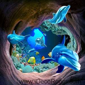 Dophins Swimming in Hole Fish Sea 00032 Floor Decals 3D Wallpaper Wall Mural Stickers Print Art Bathroom Decor Living Room Kitchen Waterproof Business Home Office Gift