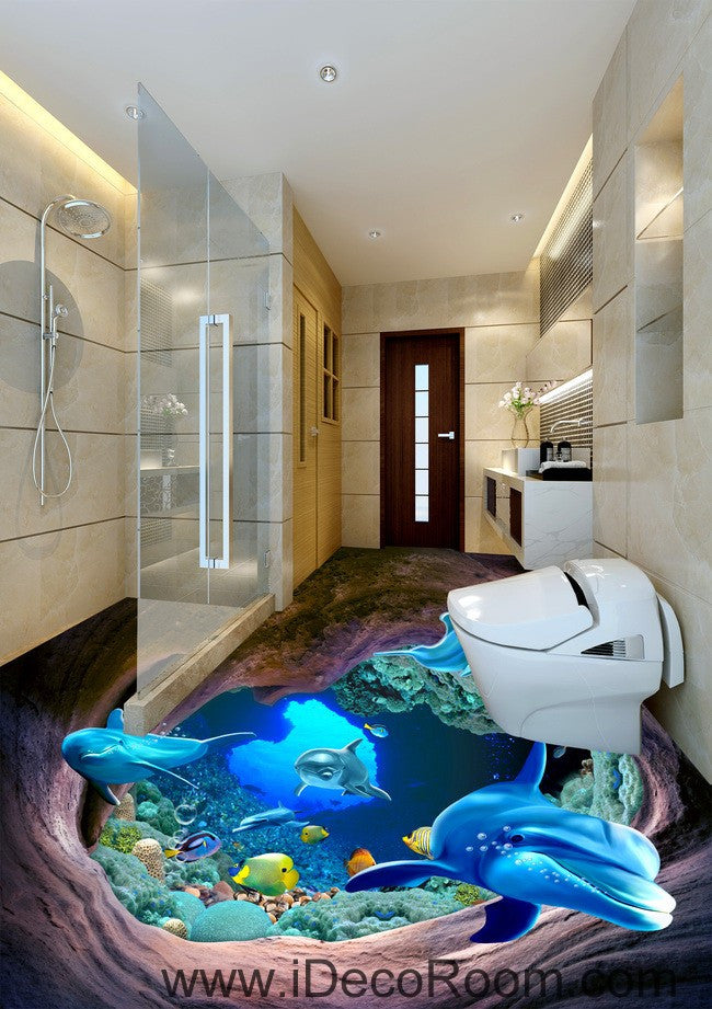 Dophins Swimming in Hole Fish Sea 00032 Floor Decals 3D Wallpaper Wall Mural Stickers Print Art Bathroom Decor Living Room Kitchen Waterproof Business Home Office Gift