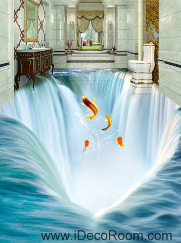 Image of Waterfall Fish Jumping 00034 Floor Decals 3D Wallpaper Wall Mural Stickers Print Art Bathroom Decor Living Room Kitchen Waterproof Business Home Office Gift
