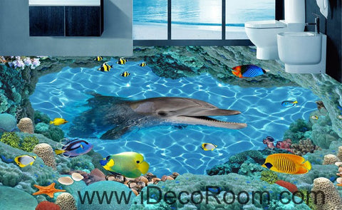 Image of Smiling Dophin Colorful Fish 00035  Floor Decals 3D Wallpaper Wall Mural Stickers Print Art Bathroom Decor Living Room Kitchen Waterproof Business Home Office Gift