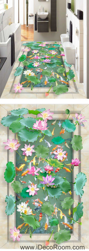 Vivid Green Lilypad Colorful Fish Lotus 00039 Floor Decals 3D Wallpaper Wall Mural Stickers Print Art Bathroom Decor Living Room Kitchen Waterproof Business Home Office Gift