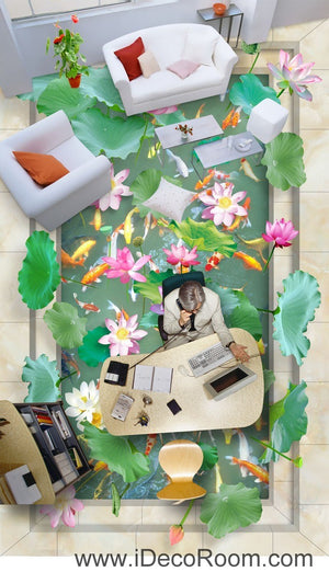 Vivid Green Lilypad Colorful Fish Lotus 00039 Floor Decals 3D Wallpaper Wall Mural Stickers Print Art Bathroom Decor Living Room Kitchen Waterproof Business Home Office Gift