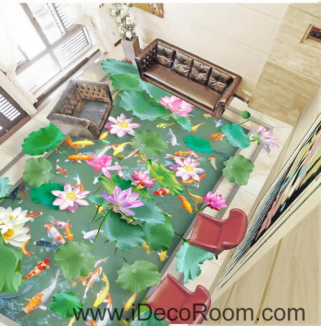 Vivid Green Lilypad Colorful Fish Lotus 00039 Floor Decals 3D Wallpaper Wall Mural Stickers Print Art Bathroom Decor Living Room Kitchen Waterproof Business Home Office Gift
