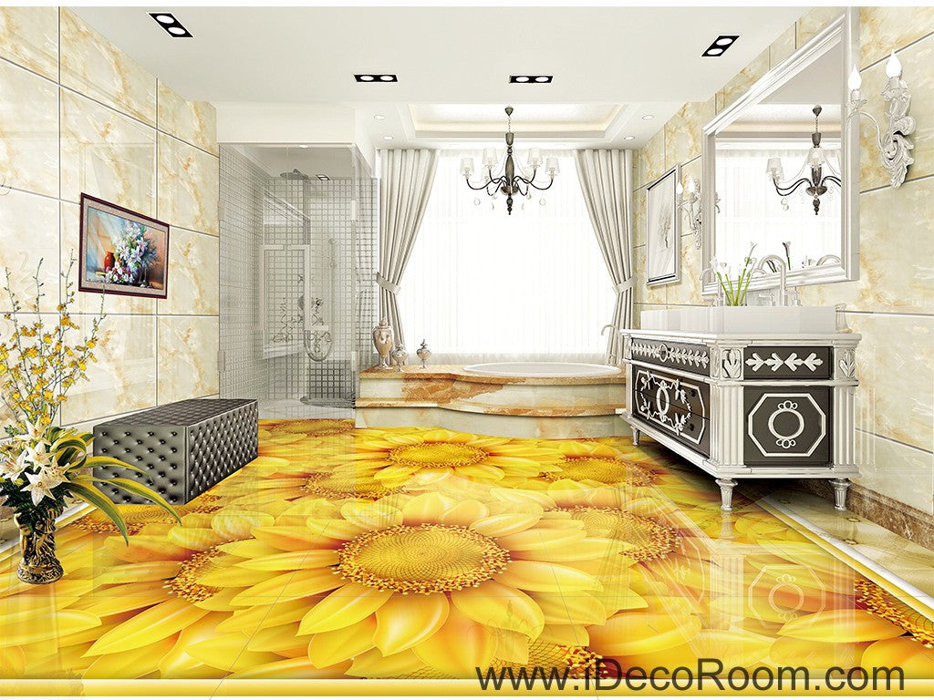 Gold Sunflowers Field 00044 Floor Decals 3D Wallpaper Wall Mural Stickers Print Art Bathroom Decor Living Room Kitchen Waterproof Business Home Office Gift