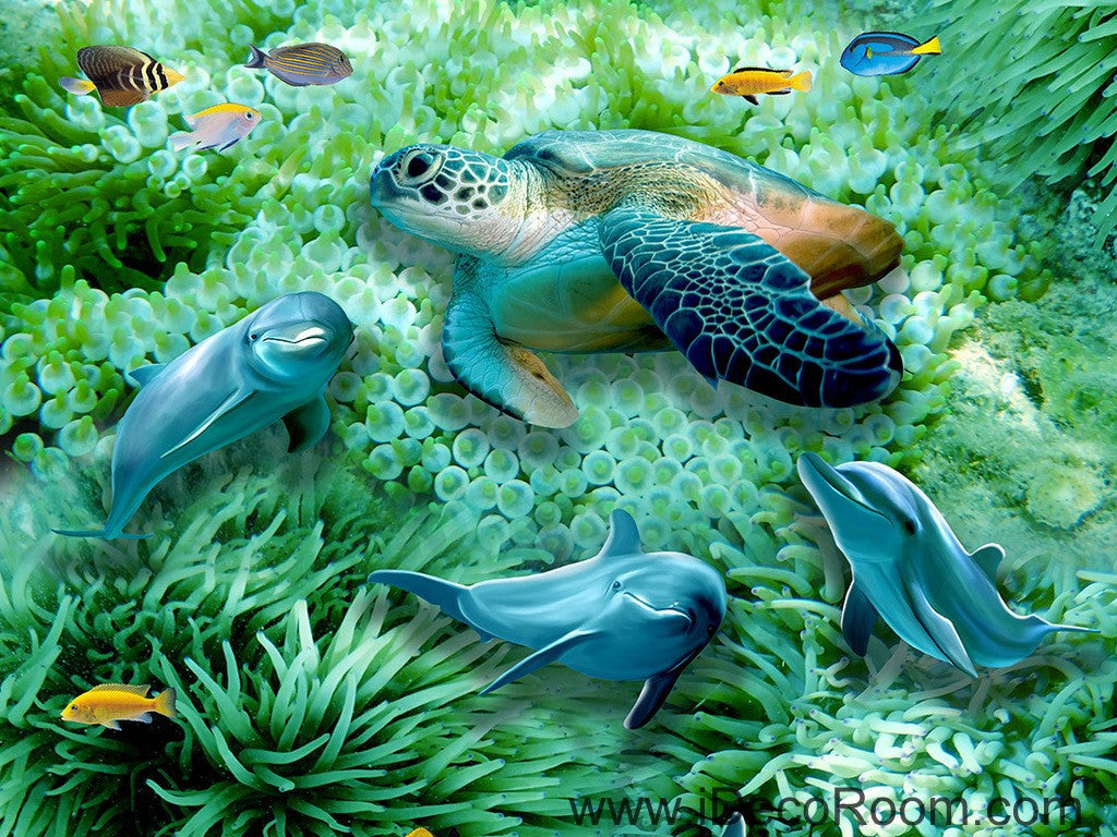 Green Seabed Coral Dophins Turtle 00046 Floor Decals 3D Wallpaper Wall Mural Stickers Print Art Bathroom Decor Living Room Kitchen Waterproof Business Home Office Gift