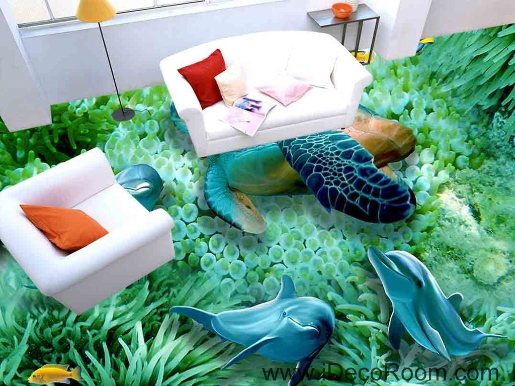 Green Seabed Coral Dophins Turtle 00046 Floor Decals 3D Wallpaper Wall Mural Stickers Print Art Bathroom Decor Living Room Kitchen Waterproof Business Home Office Gift